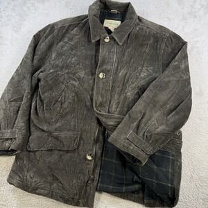 St Johns Bay Jacket Mens Medium Green Corduroy Chore Coat Plaid Lined Full Zip